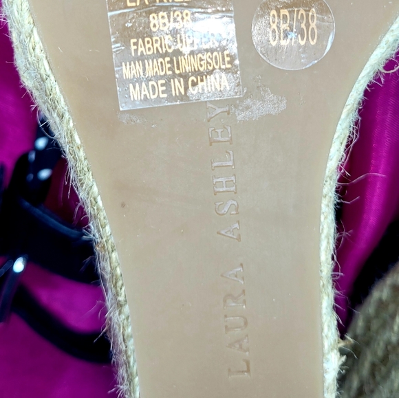 LAURA ASHLEY 8B 38 WEDGED SANDLES BLK /WHT CLOTH POKO DOT LEATHER PLATFORM SHOES - Picture 9 of 13